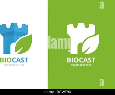 Vector castle and leaf logo combination. Tower and eco symbol or icon. Unique fortress and organic logotype design template. Stock Vector