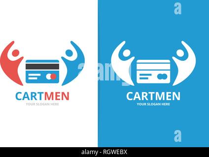 Vector credit card and people logo combination. Gift and family symbol or icon. Unique discount and team logotype design template. Stock Vector