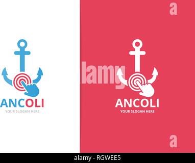 Vector anchor and click logo combination. Marine and cursor symbol or icon. Unique navy and digital logotype design template. Stock Vector