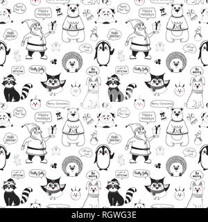 Seamless pattern with animals and different christmas elements. Illustration in sketch style. Stock Photo