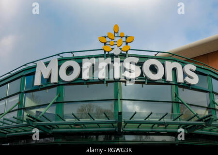 Morrisons supermarket sign in Whitefield, Bury.