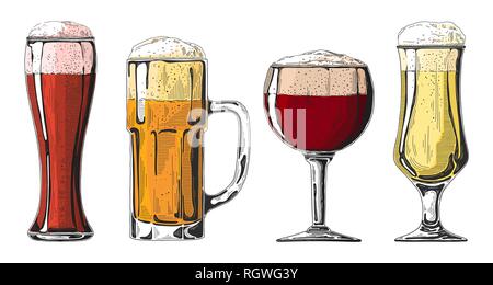 Set of different glasses with beer, different mugs of beer. Vector illustration of a sketch style. Stock Vector
