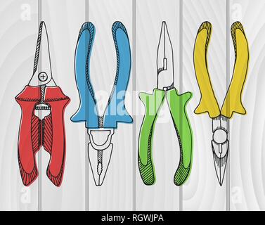 Set of pliers, pincers, and pruning scissors. Tools illustration in vector sketch style. Stock Vector
