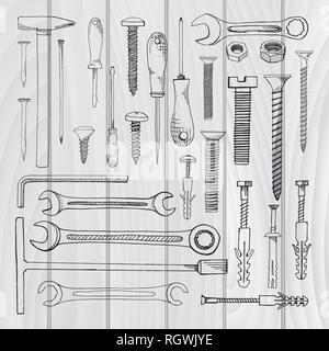 Set of tools, hardware. Different fastener isolated on white background. Hand drawn vector illustration of a sketch style. Stock Vector