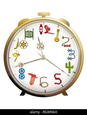 Closeup of clock face with old wild west icons representing numbers Stock Photo