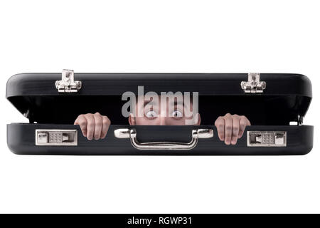 man with big eyes peeking out of a black case, image on a white background Stock Photo