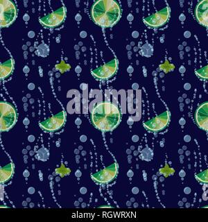 Soda drink. mojito print. seamless pattern with lime, ice cubes and mint leaves Bright citrus background. mojito from limes. 10 eps Stock Vector