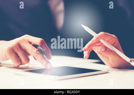 Business meeting time. Photo young account managers crew working with new startup project. Notebook on wood table. Idea presentation, analyze plans Stock Photo