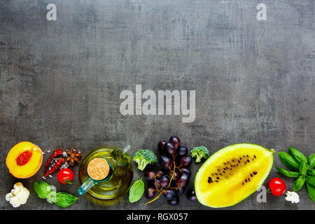 Flat lay of various fruits and vegetables background Stock Photo