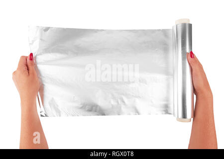 woman holding a roll of aluminum foil Stock Photo