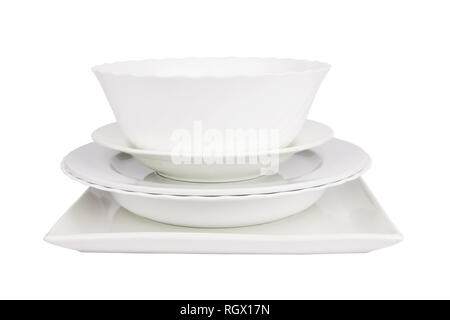 different types of white plates on a white background Stock Photo