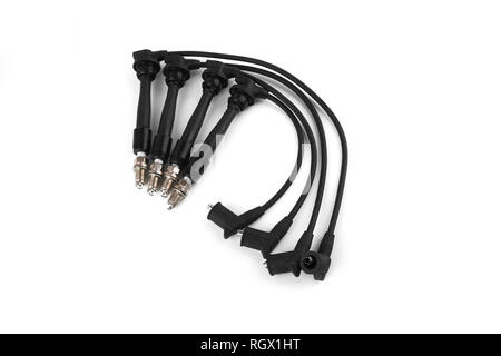 able set spark plug wires isolated on white background Stock Photo