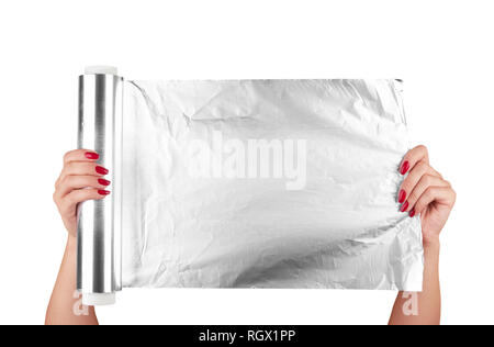 woman holding a roll of aluminum foil Stock Photo