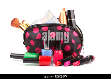 Make up bag with cosmetics and brushes isolated on white Stock Photo
