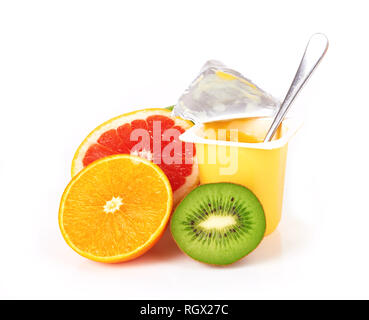 Tasty yogurt in  plastic cup isolated on white background Stock Photo