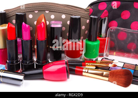 Make up bag with cosmetics and brushes isolated on white Stock Photo