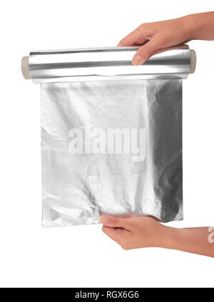 woman holding a roll of aluminum foil Stock Photo