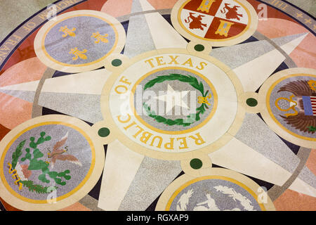 AUSTIN, TEXAS - MARCH 28, 2018 - Seals on the floor of the Texas state capitol building or statehouse rotunda in Austin Stock Photo