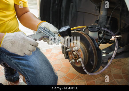 Car mechanic bleed air out of brake system Stock Photo - Alamy