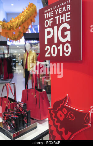 Chinese 'Year of the Pig' New Year Decorations at Macy's Flagship Department Store, NYC, USA Stock Photo