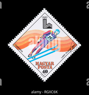 Postage stamp from Hungary depicting a ski jumper, issued for the 1980 Winter Olympic Games in Lake Placid. Stock Photo