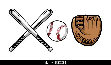 Collection of baseball equipment illustrations contains Bat, Gloves and Ball. Stock Vector