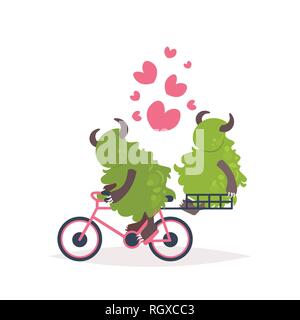 cute green monster riding bicycle carrying girlfriend happy valentines day holiday celebration concept cartoon monsters in love isolated flat Stock Vector