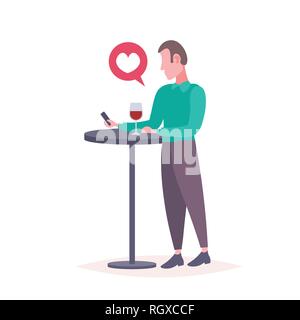 man using smartphone at cafe table love chat bubble communication concept elegant guy drinking wine chatting cell phone isolated full length flat Stock Vector