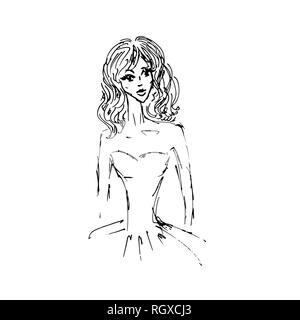 Hand drawn sketch of a girl in cocktail dress. Vector illustration. Stock Vector