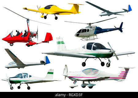 Collage of different modern airplanes isolated on white background Stock Photo