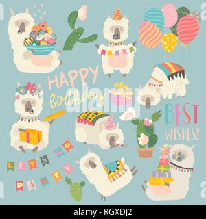 Cartoon character of funny alpaca llama with birthday theme Stock Vector