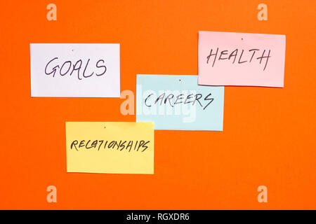 Goals in careers, health and relationships written on colored papers Stock Photo