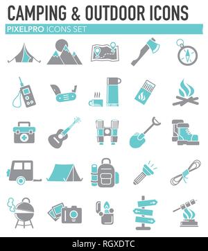 Camping icons set grey blue on white background for graphic and web design, Modern simple vector sign. Internet concept. Trendy symbol for website design web button or mobile app. Stock Vector