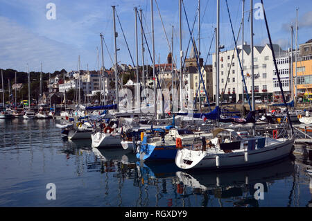 Reflections of Boats Moored up in Victoria Marina St Peter Port, Guernsey, Channel Islands.UK. Stock Photo