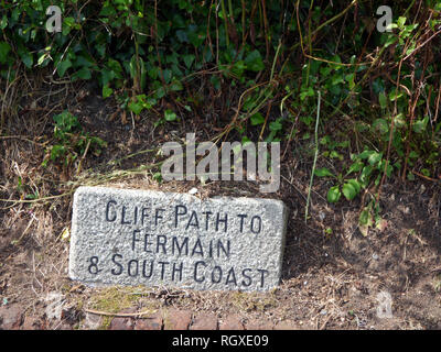 Engraved Stone Waymarker to the Cliff Path to Fermain Bay from Havelet Bay, Guernsey, Channel Islands.UK. Stock Photo