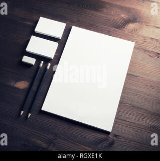 Corporate stationery template. Blank letterhead, business cards, pencils and eraser. Branding mock-up. Stock Photo