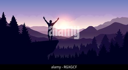 happy man with arms raised stands on top of a cliff in mountain landscape at sunrise vector illustration EPS10 Stock Vector