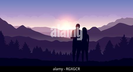 couple enjoy the mountain landscape view at sunrise vector illustration EPS10 Stock Vector