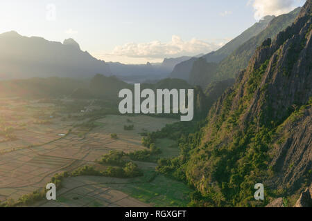 Viewpoint in Vang Vieng, Laos. Hiking to the top of the mountains surrounding the city and escape the masses of tourists Stock Photo