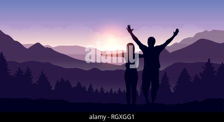 happy couple with arms raised enjoy the mountain landscape view at sunrise vector illustration EPS10 Stock Vector