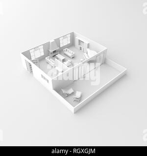 3d interior rendering of white furnished living room with fireplace Stock Photo