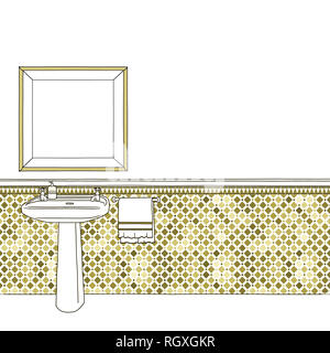 Sketch illustration drawing of square blank mirror frame and bathroom sink Stock Photo