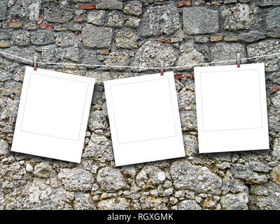 Three blank square instant photo frames against old stone wall background Stock Photo