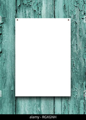 Blank nailed frame on aqua scratched wooden boards background Stock Photo
