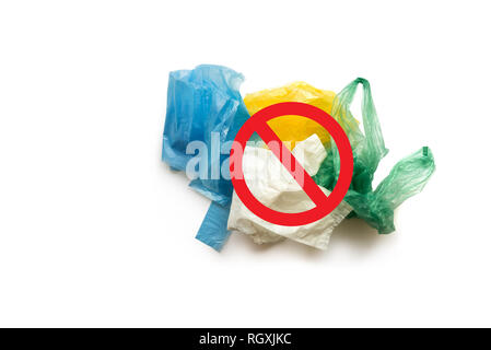 Say No to Plastic Bags. Recycling concept. Crumpled colored plastic bags on a white background Stock Photo