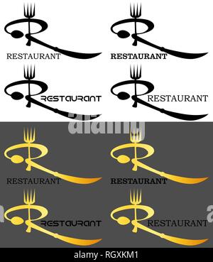 typographic logo of the restaurant with a letter R from a spoon fork and knife Stock Vector