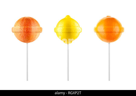 Lollipops. Lemon, grapefruit, orange set isolated on white background. Creative candy idea Stock Photo