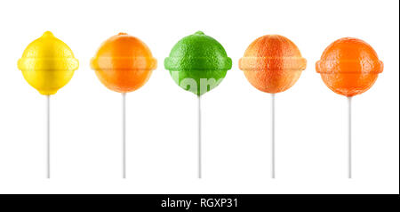 Lollipops. Lemon, grapefruit, orange set isolated on white background. Creative candy idea Stock Photo