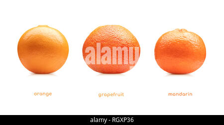 Orange, grapefruit, mandarin fruits set isolated on white background Stock Photo