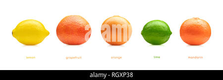 Lemon, lime, orange, mandarin, grapefruit fruits set isolated on white background Stock Photo